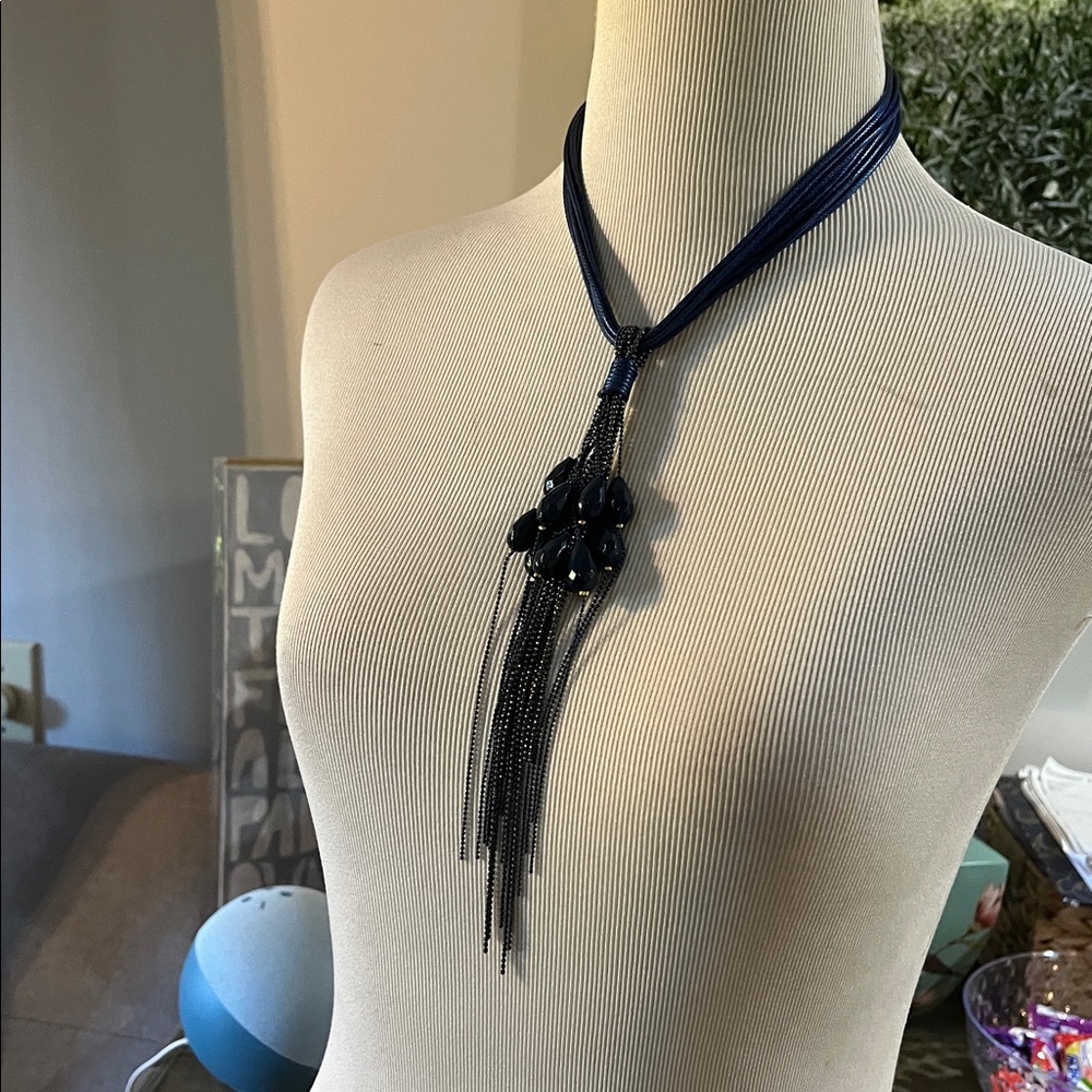 CORDED MULTI STRAND TEAR DROP BEADED NECKLACE BLUE